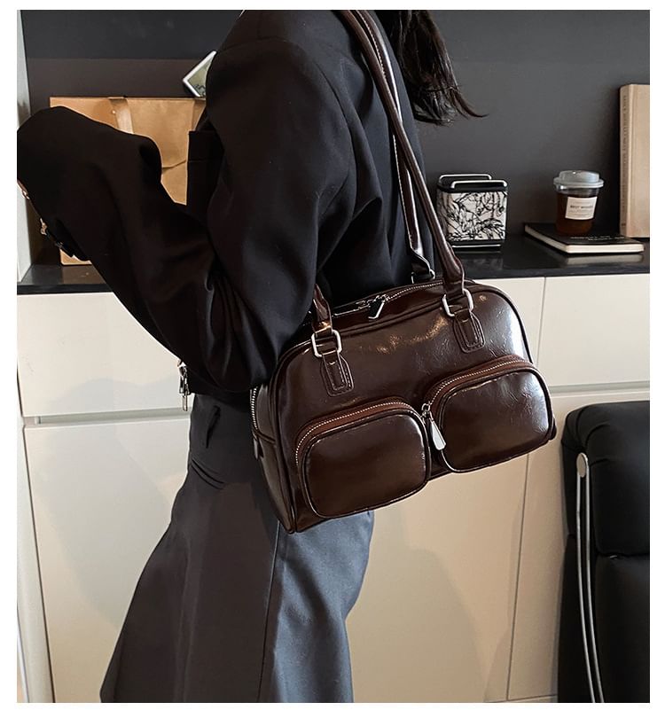 Leather Plain Bowler Bag Faux