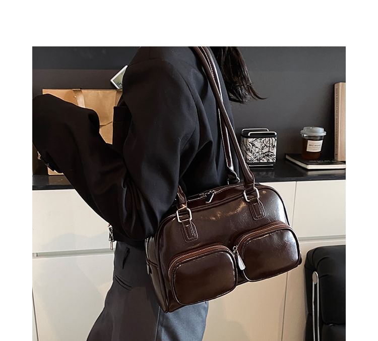 Leather Plain Bowler Bag Faux