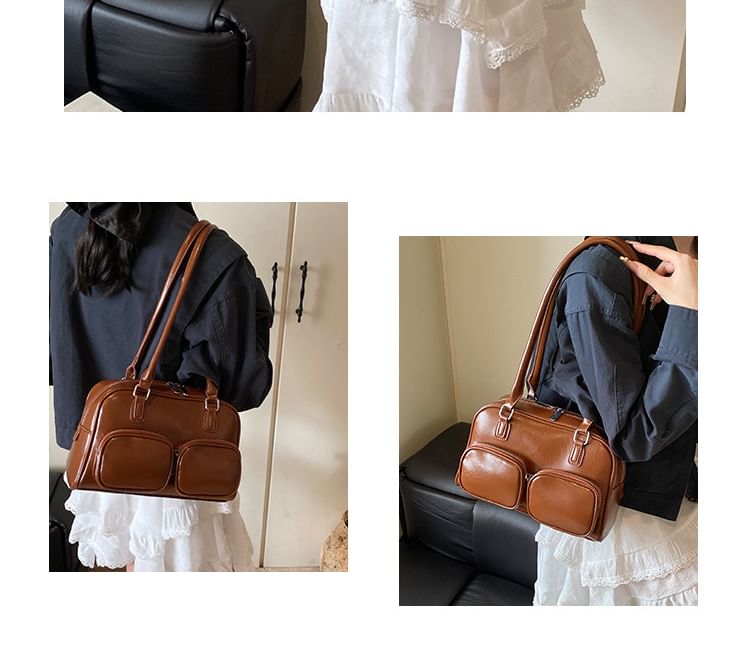 Leather Plain Bowler Bag Faux