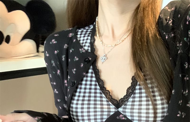 Floral Cami Dress Cardigan Panel Crop Mini Top Print Plaid /