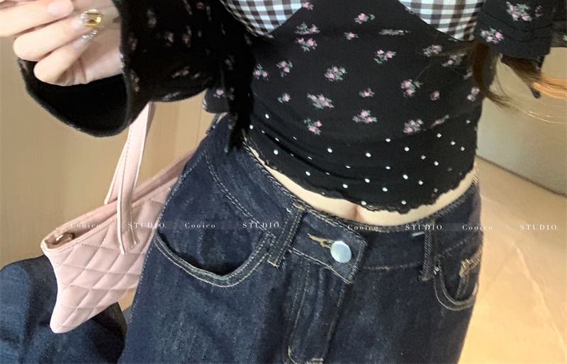 Floral Cami Dress Cardigan Panel Crop Mini Top Print Plaid /