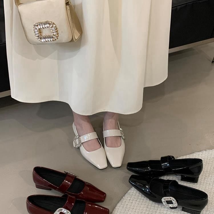 Heel Jane Mary Pumps Low Rhinestone Buckle