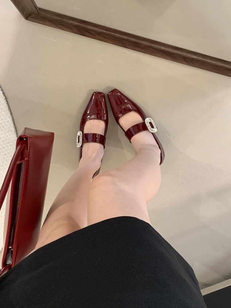 Heel Jane Mary Pumps Low Rhinestone Buckle