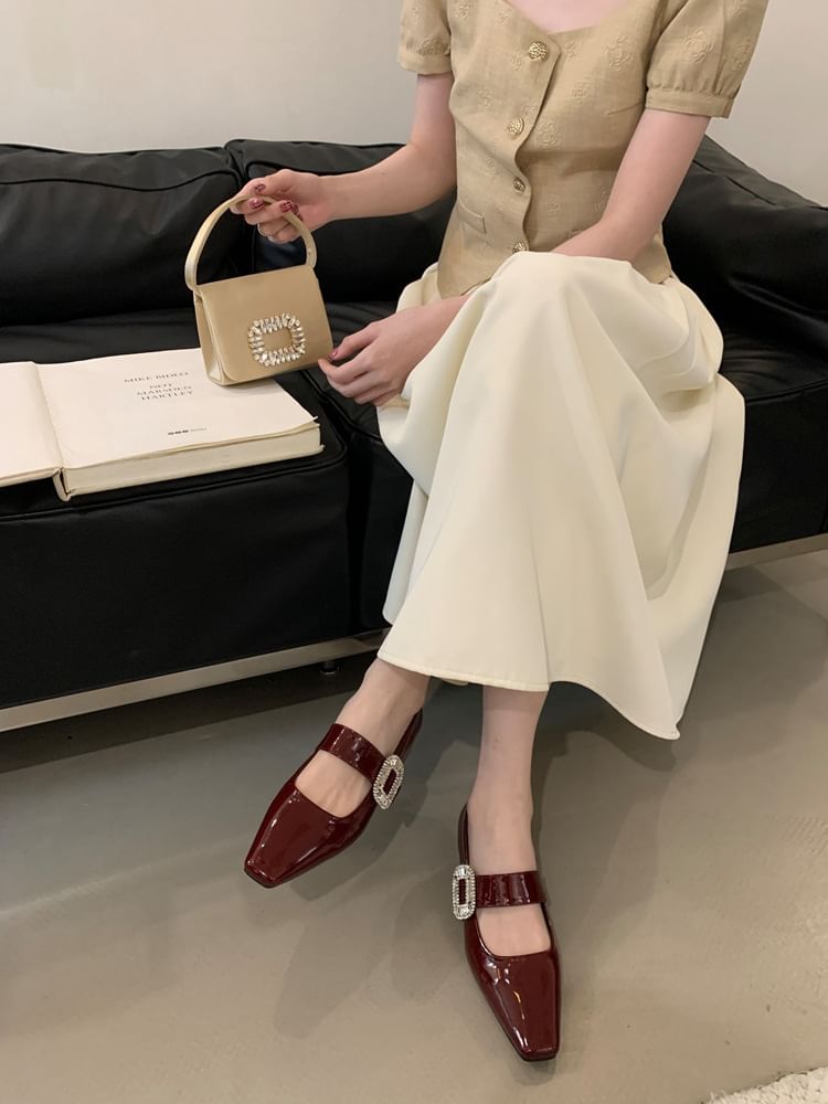 Heel Jane Mary Pumps Low Rhinestone Buckle