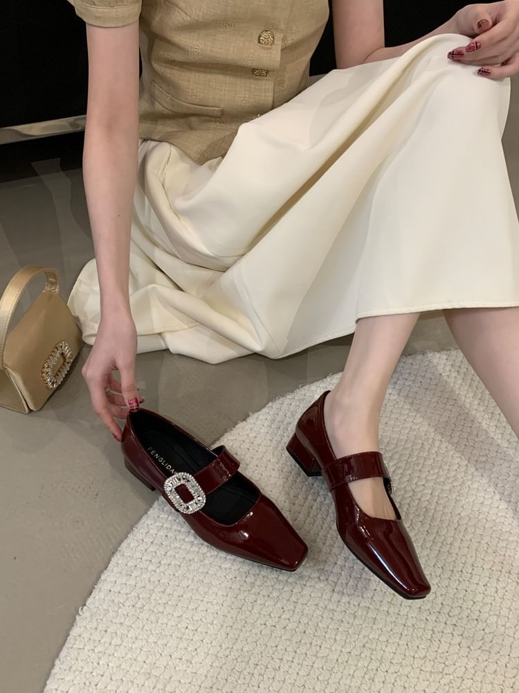 Heel Jane Mary Pumps Low Rhinestone Buckle