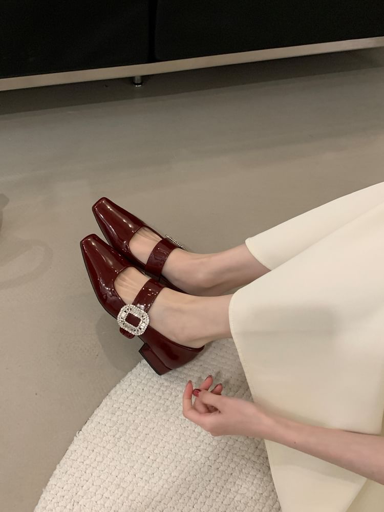 Heel Jane Mary Pumps Low Rhinestone Buckle