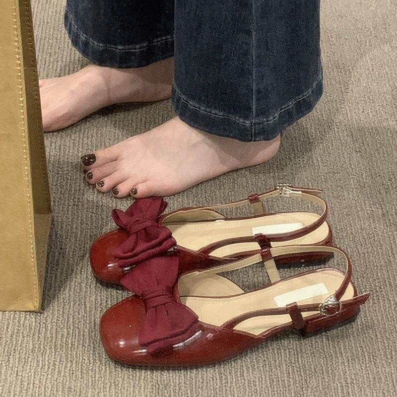 Bow Sandals Heel Low Slingback