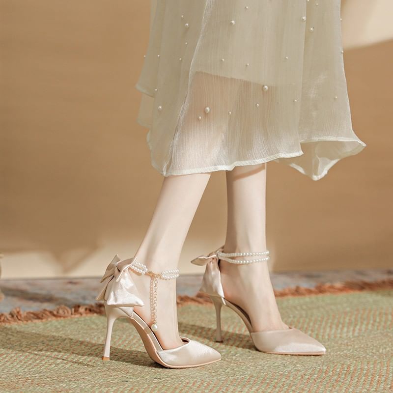 Stiletto Heel Bow Faux Pearl Strap Sandals