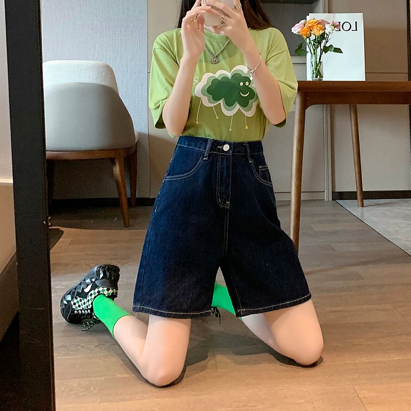 Denim High Waist Shorts Plain