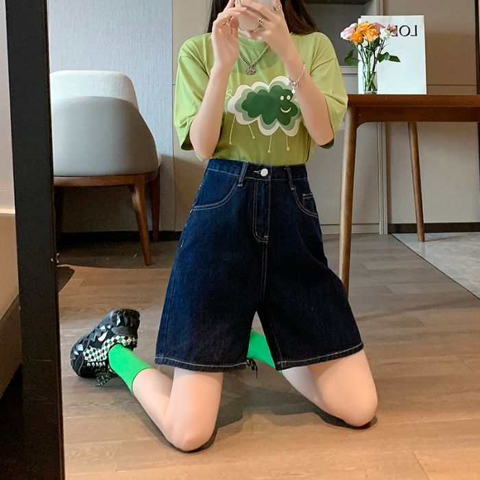 Denim High Waist Shorts Plain