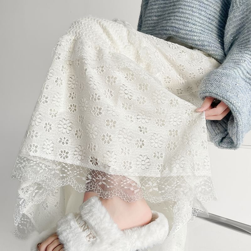 Panel High Lace Plain A-Line Waist Skirt Midi