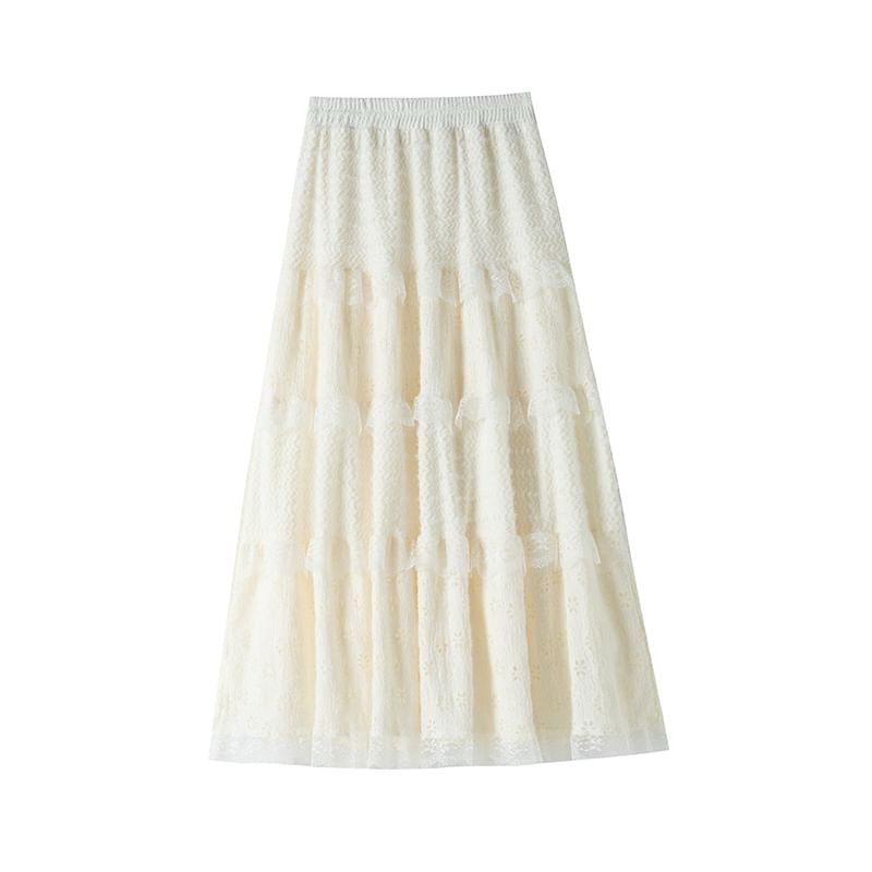 Panel High Lace Plain A-Line Waist Skirt Midi