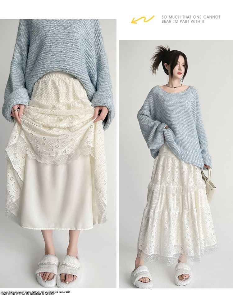 Panel High Lace Plain A-Line Waist Skirt Midi