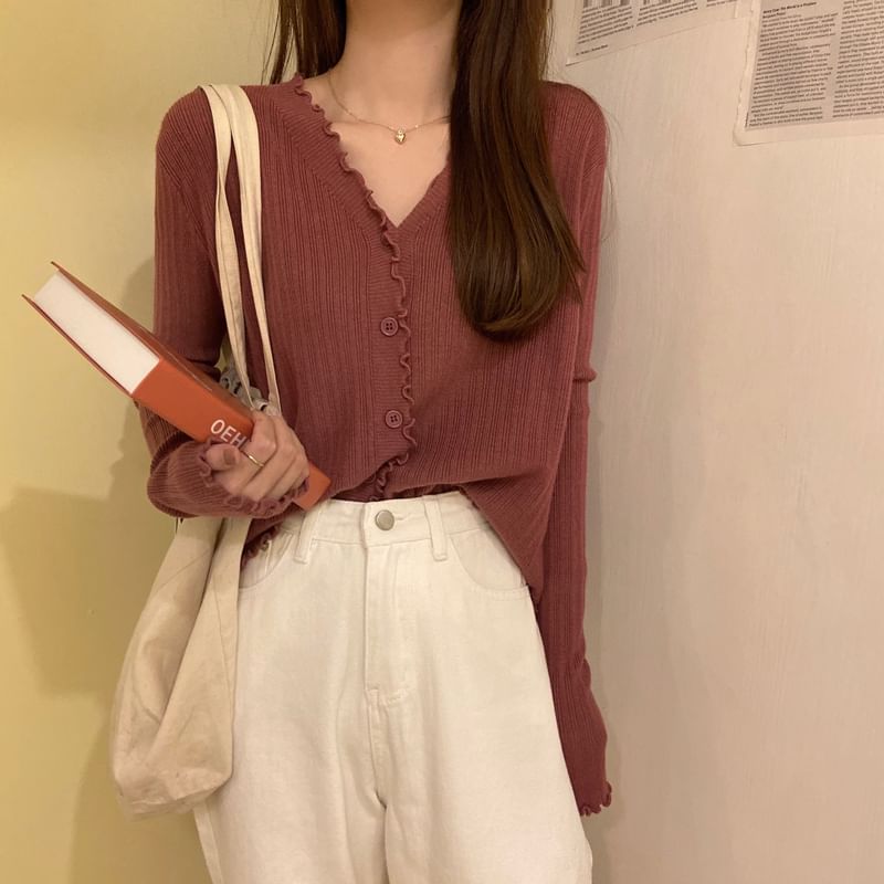 Cropped Plain V-Neck Ribbed Cardigan Knit