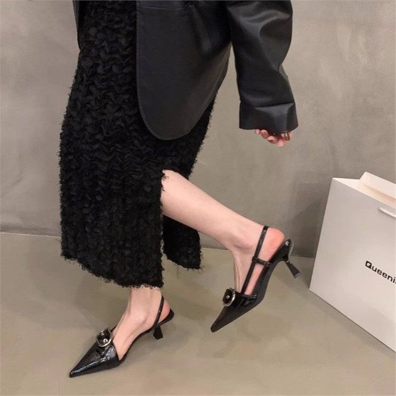 Kitten Heel Pointed Toe Plain Buckled Slingback Sandals
