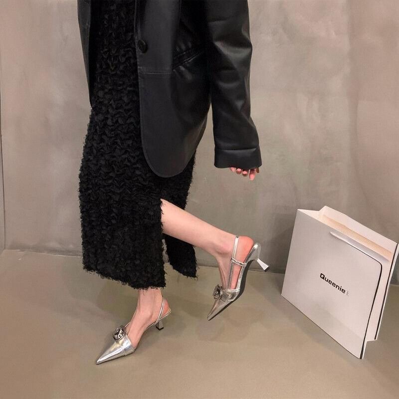 Kitten Heel Pointed Toe Plain Buckled Slingback Sandals