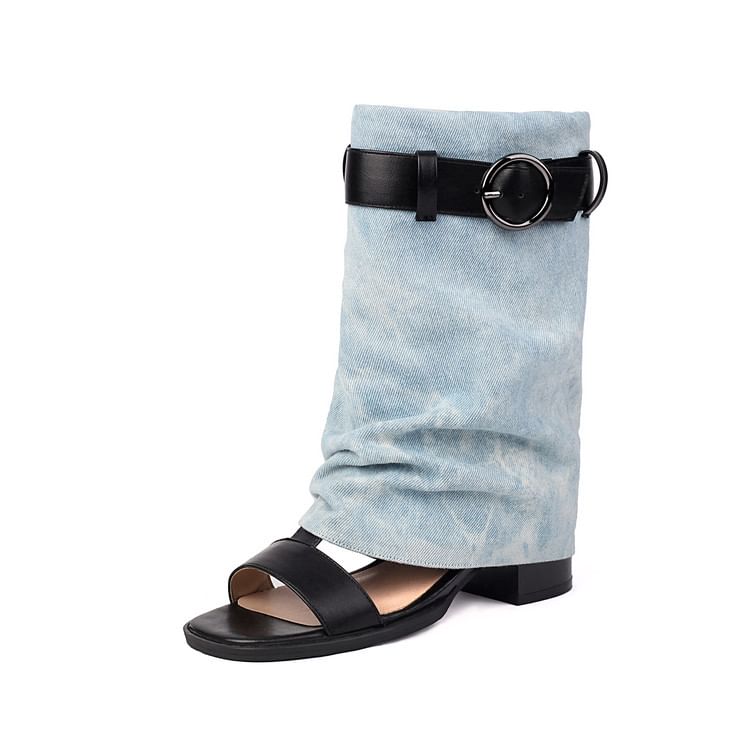 Short Washed Thong Heel Boots Denim Block