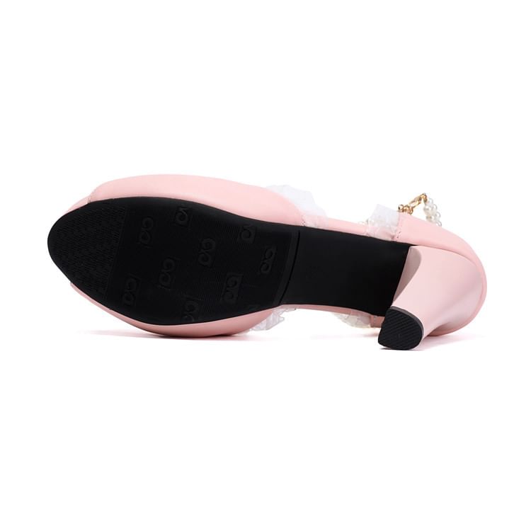High Heel Faux Pearl Ruffle Trim Sandals