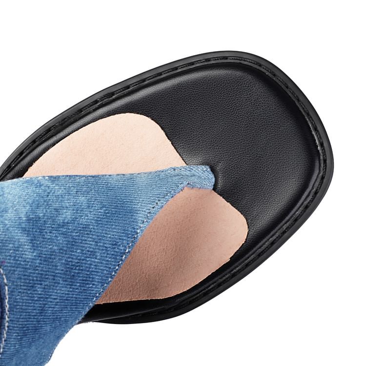 Denim Chunky Heel Thong Boots Washed Tall