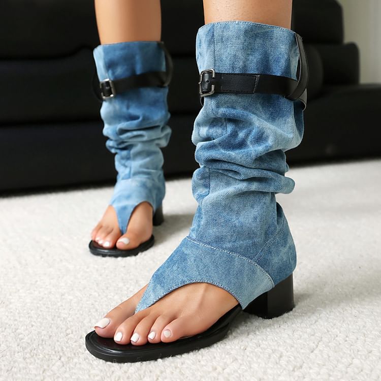 Denim Chunky Heel Thong Boots Washed Tall