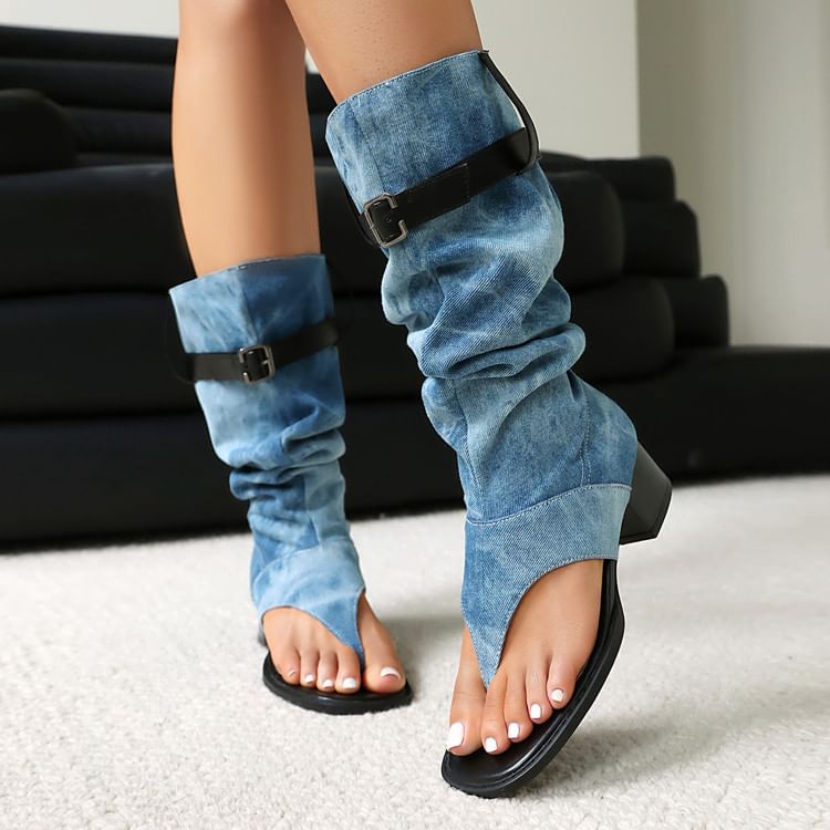 Denim Chunky Heel Thong Boots Washed Tall