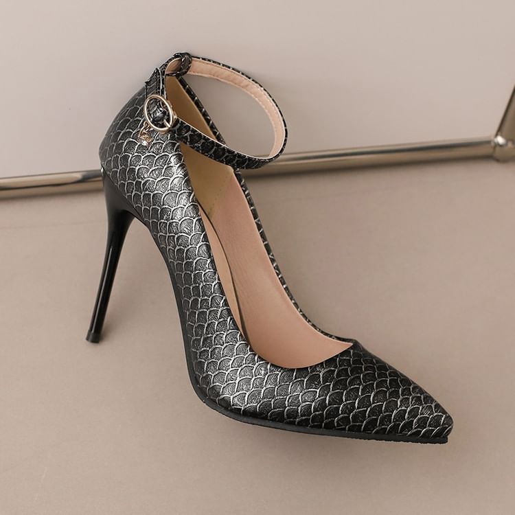 Patterned Ankle Pumps Scale Stiletto Fish Strap Heel