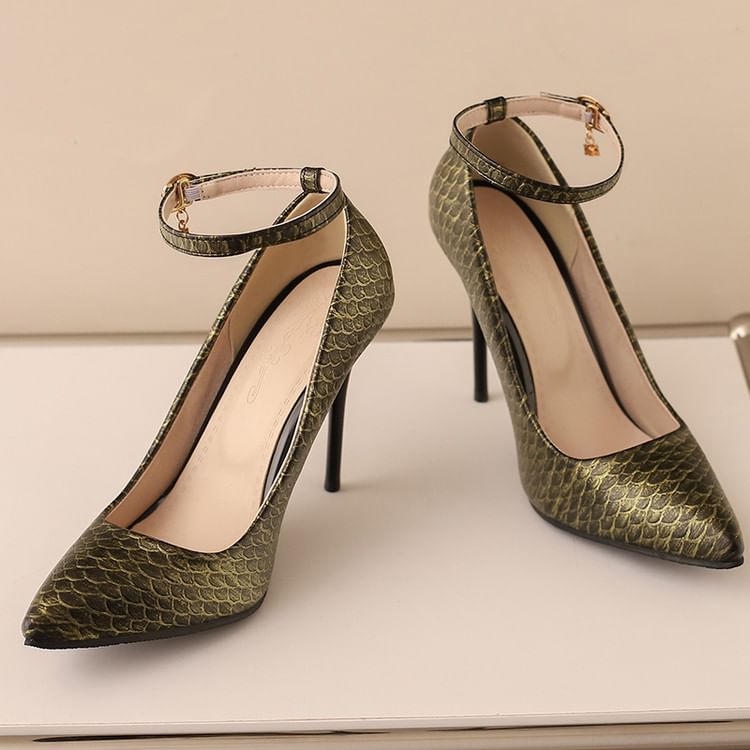 Patterned Ankle Pumps Scale Stiletto Fish Strap Heel