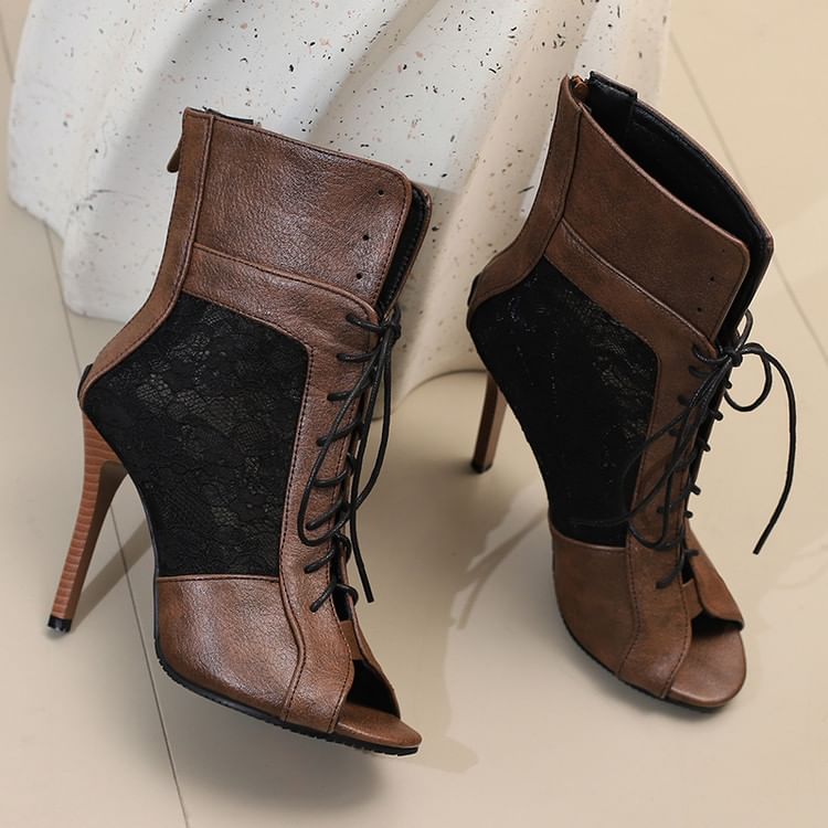 High Heel Peep-Toe Lace Panel Sandals