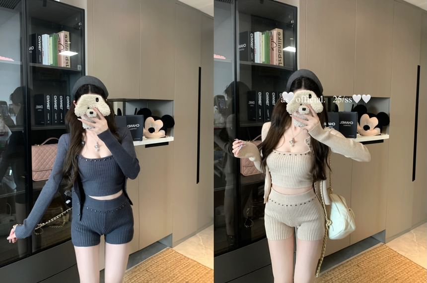 Set: Studded Cardigan + Ribbed Knit Top Crop Camisole Waist High Shorts