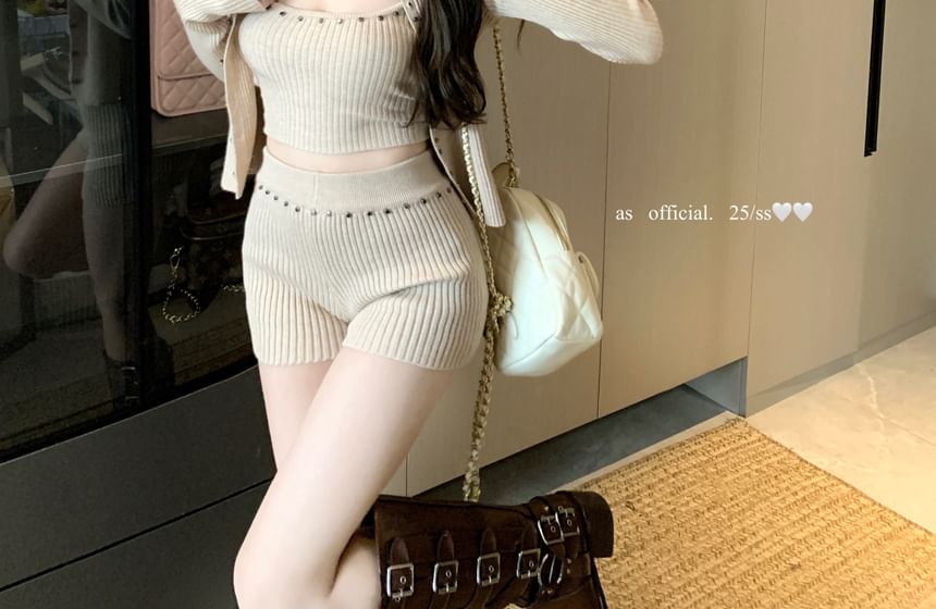 Set: Studded Cardigan + Ribbed Knit Top Crop Camisole Waist High Shorts