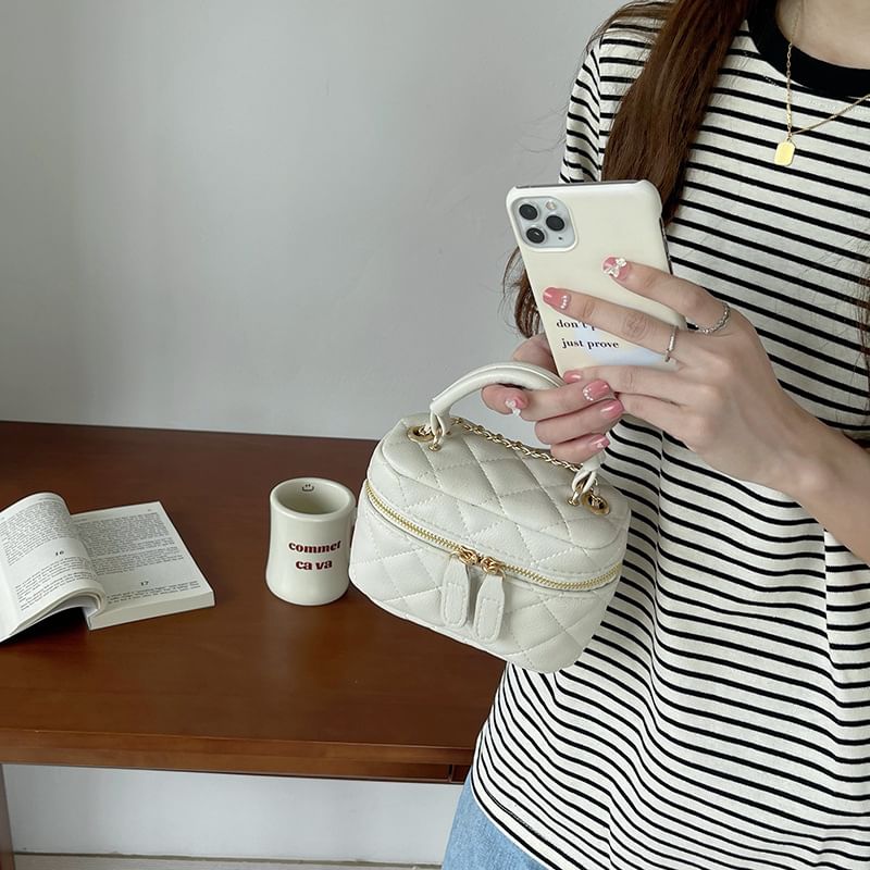 Faux Quilted Bag Crossbody Plain Zip Leather