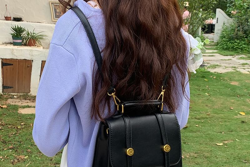 Faux Plain Flap Backpack Leather