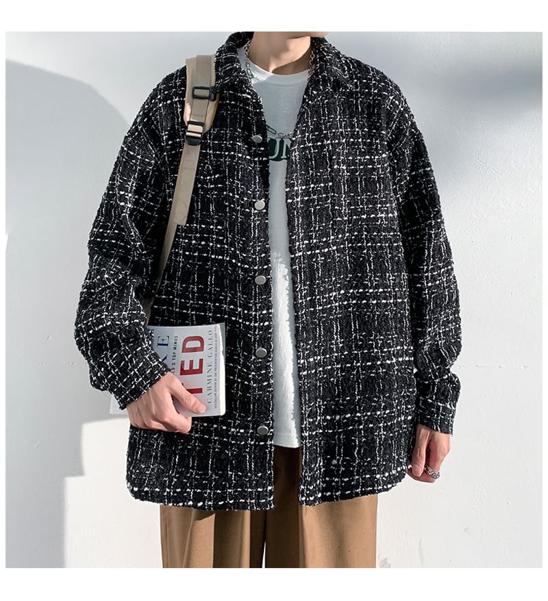 Collared Drop Shoulder Tweed Button Jacket