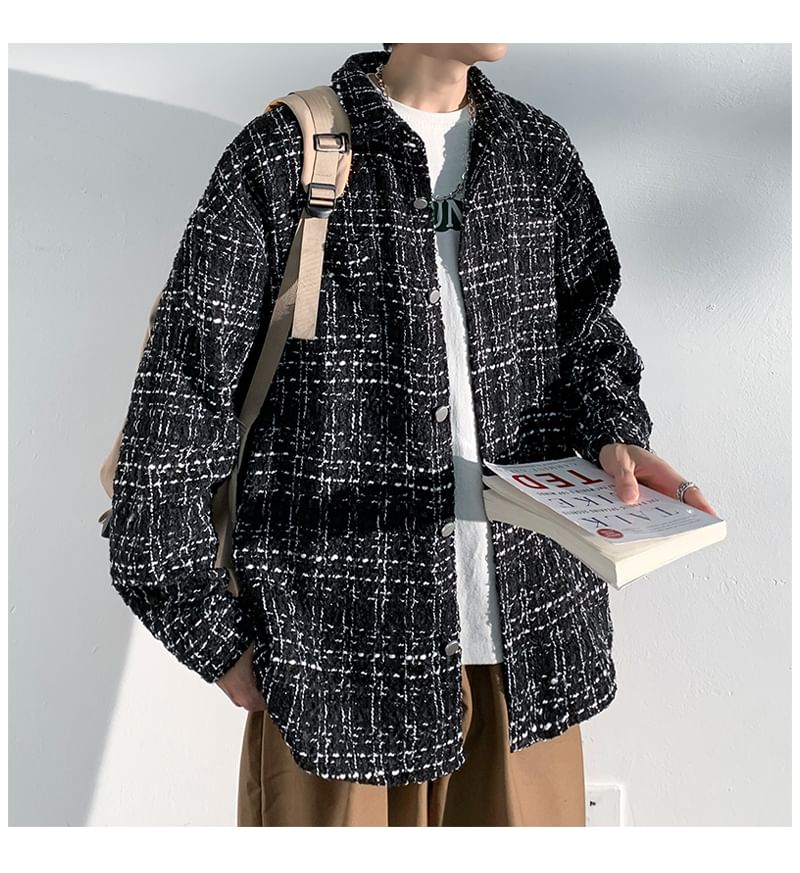 Collared Drop Shoulder Tweed Button Jacket