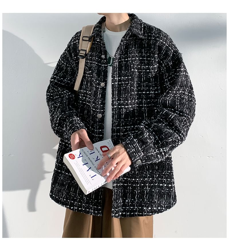 Collared Drop Shoulder Tweed Button Jacket