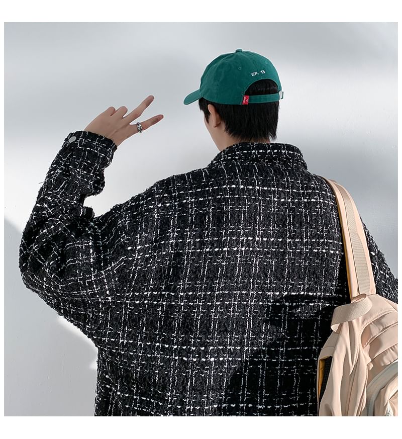 Collared Drop Shoulder Tweed Button Jacket