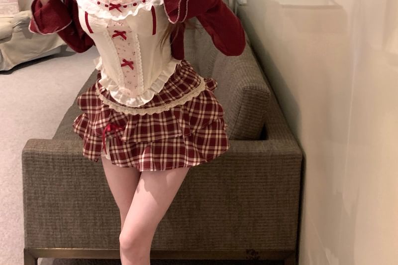 / Plaid Sleeveless Cardigan Waist Floral Ruffle Mini Striped Print Panel High Top A-Line Skirt Bow