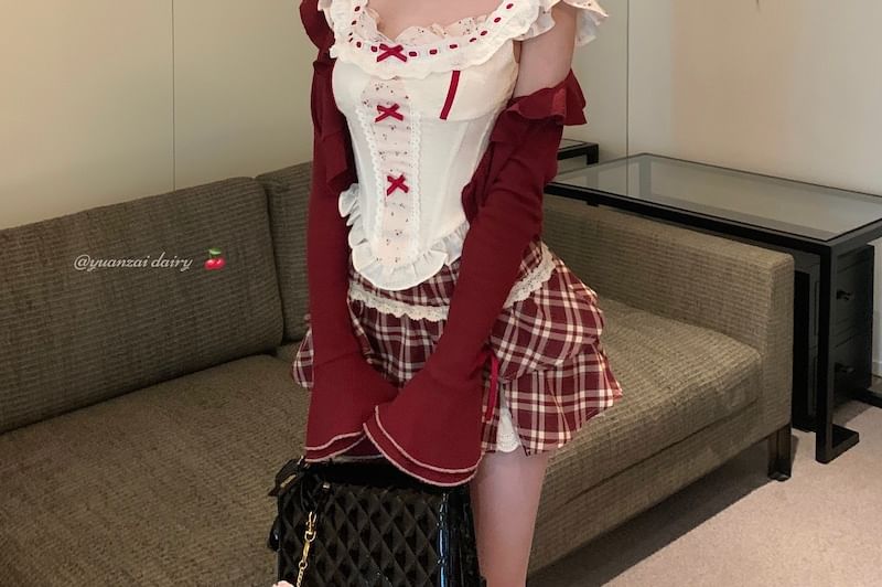 / Plaid Sleeveless Cardigan Waist Floral Ruffle Mini Striped Print Panel High Top A-Line Skirt Bow