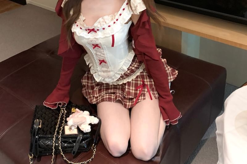 / Plaid Sleeveless Cardigan Waist Floral Ruffle Mini Striped Print Panel High Top A-Line Skirt Bow