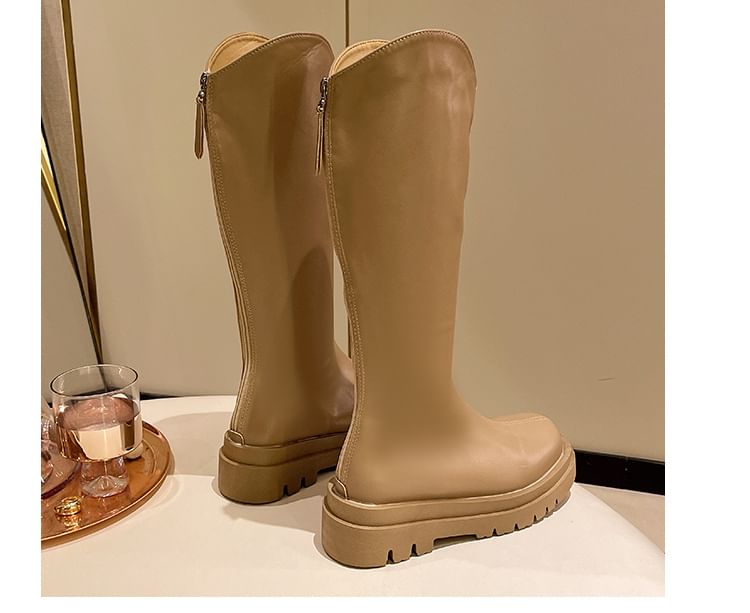 Zip-Up Plain Boots Tall Platform Leather Faux