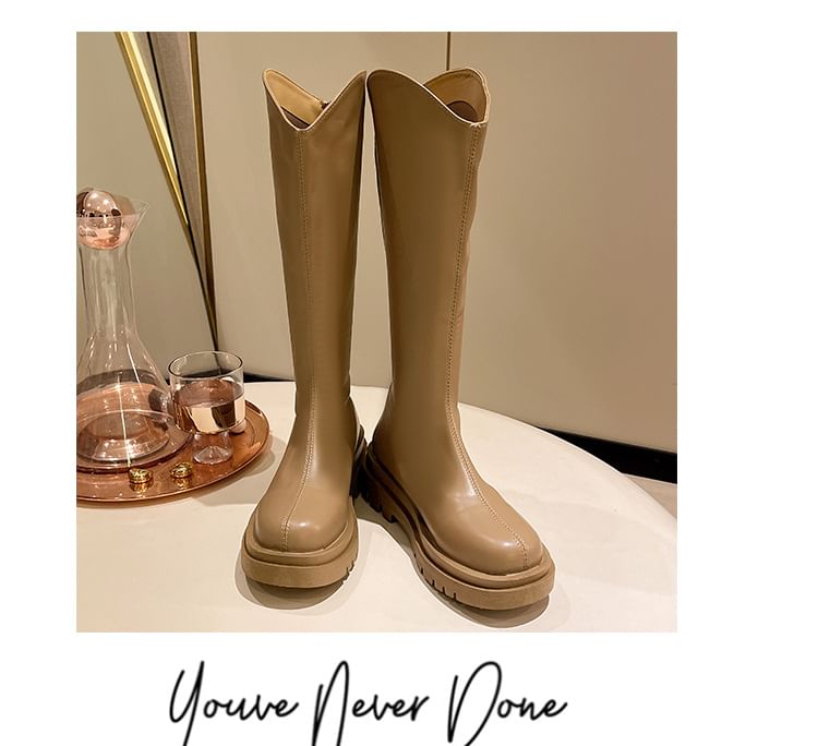 Zip-Up Plain Boots Tall Platform Leather Faux