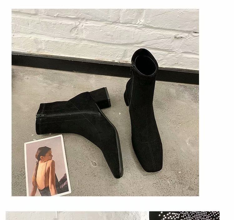 Plain Square Boots Zip-Up Short Heel Chunky Toe