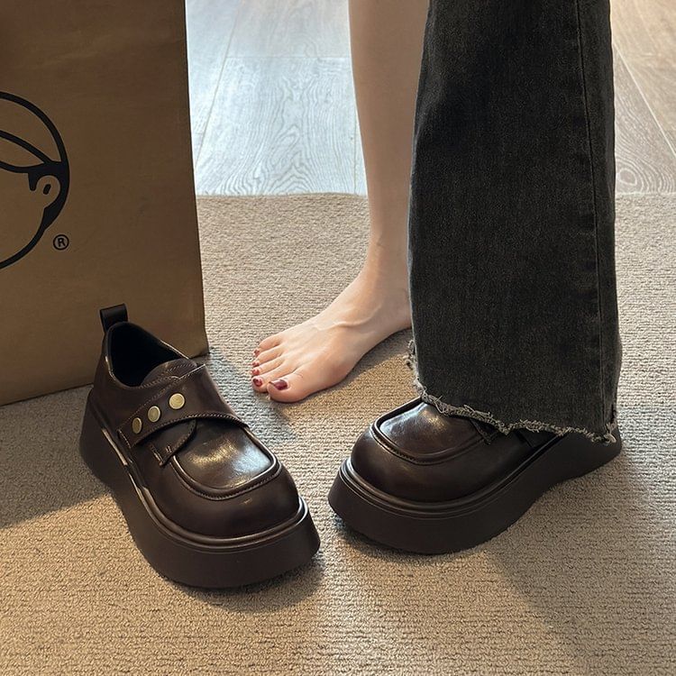 Strap Shoes Plain Platform Leather Faux Adhesive