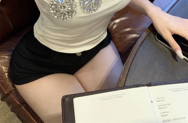 Rhinestone Tank Accent One-Shoulder Fit Slim Top Crop