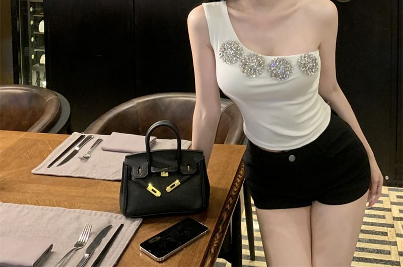 Rhinestone Tank Accent One-Shoulder Fit Slim Top Crop