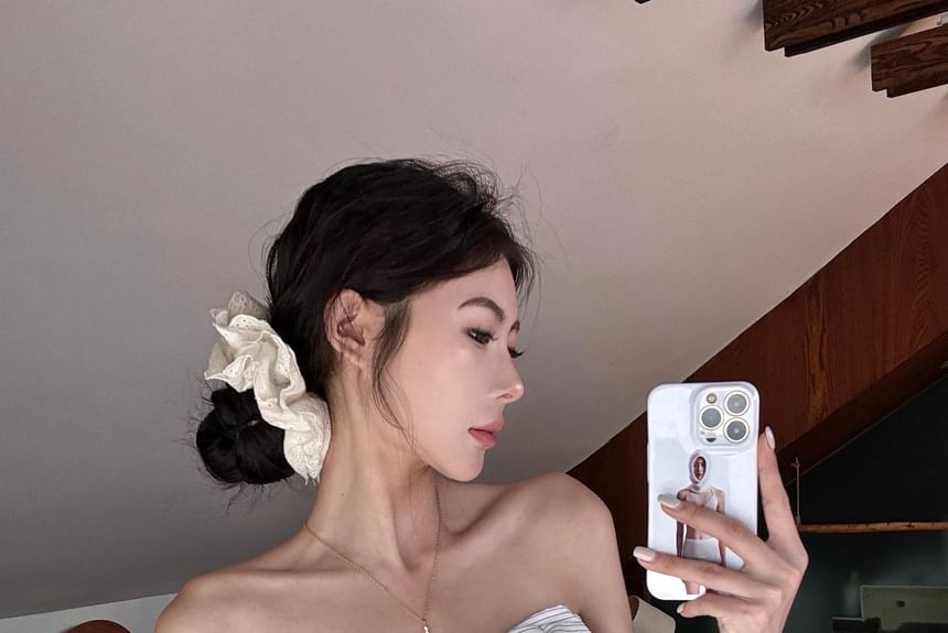 Plain Striped Leg Waist / High Accent Tube Pants Crop Wide Top Bow