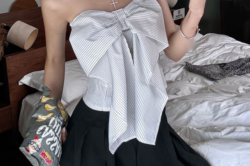 Plain Striped Leg Waist / High Accent Tube Pants Crop Wide Top Bow