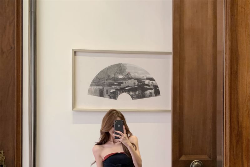 Waist Wide Crop Leg Top Two Front Tone Low Tie Tube Plain Pants /