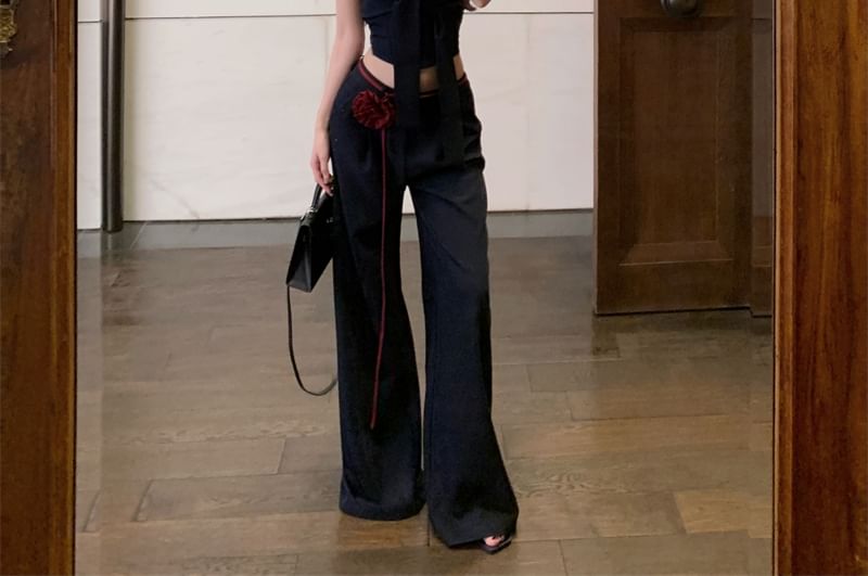 Waist Wide Crop Leg Top Two Front Tone Low Tie Tube Plain Pants /