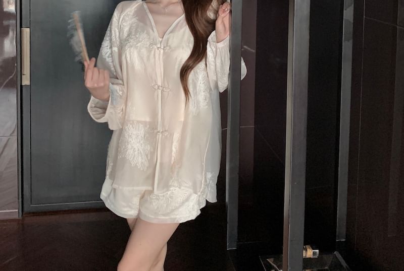 Maxi Top Blouse Set Plain Puff-Sleeve Embroidered Flower Rise Shorts / V-Neck A-Line Skirt Camisole High